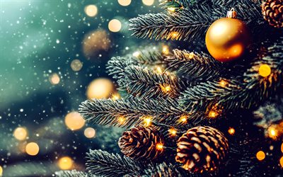 julgran, golden christmas balls, lyktor, bakgrund med julgran, snö, vinter, god jul