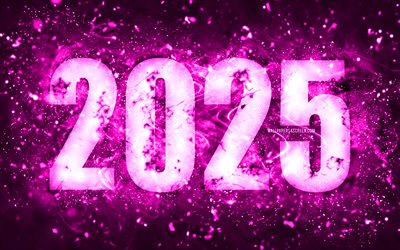 4k, Happy New Year 2025, purple neon lights, 2025 inscription, 2025 concepts, 2025 Happy New Year, neon art, creative, 2025 purple background, 2025 year, 2025 purple digits