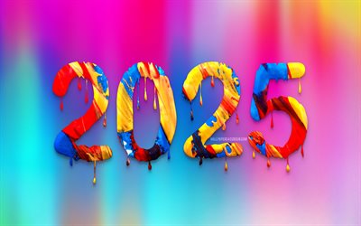 2025 bonne année, 4k, 2025 concepts, peindre des stries, 2025 inscription, créatif, 2025 chiffres abstraits, art de peinture, bonne année 2025, chiffres de peinture colorés, 2025 fond coloré, 2025 ans