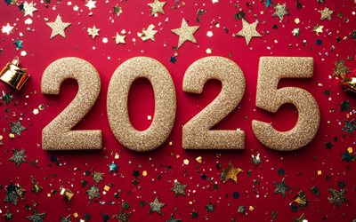 Happy New Year 2025, gold glitter 2025 numbers, 2025 concepts, 2025 greeting card, 2025 red background, 2025 Happy New Year