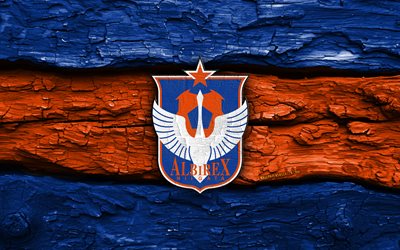 Albirex Niigata wooden logo, 4k, blue orange wooden background, J1 League, soccer, Albirex Niigata logo, football, Albirex Niigata emblem, Albirex Niigata, japanese football club, Albirex Niigata FC