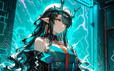 Dusk, 4k, creative, turquoise lightings, Arknights, turquoise abstract background, manga, Everything is a Miracle, NM02, anime characters, Arknights characters, Dusk Arknights