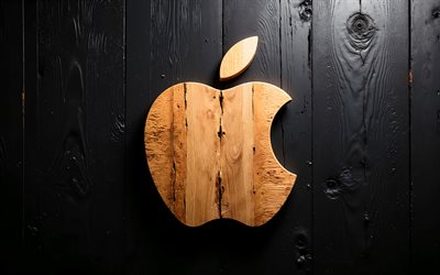 Apple wooden logo, 4k, black wooden background, black planks texture, Apple emblem, Apple sign, Apple logo, Apple