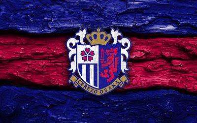 Cerezo Osaka wooden logo, 4k, blue purple wooden background, J1 League, soccer, Cerezo Osaka logo, football, Cerezo Osaka emblem, Cerezo Osaka, japanese football club, Cerezo Osaka FC