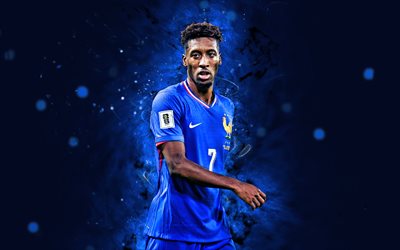 Kingsley Coman, 4k, blue neon lights, France national football team, France, French footballers, Kingsley Coman 4K, football, soccer, national teams, Kingsley Coman France Team