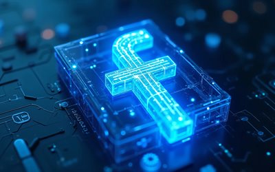 4k, Facebook blue neon logo, bokeh, blue hi-tech background, digital art, microcircuits, conductors, social networks, creative, Facebook logo on microcircuit, brands, Facebook neon logo, artwork, Facebook logo, Facebook