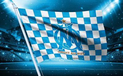 4k, logo olympique marseille, club de football français, drapeau du stade, fauteuse des fans de l'olympique marseille, drapeau blanc bleu, emblème de l'olympique marseille, ligue 1, france, football, olympique marseille