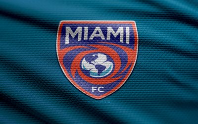 Miami FC fabric logo, 4k, blue fabric background, USL Championship, bokeh, soccer, Miami FC logo, football, USL, Miami FC emblem, Miami FC, american soccer club, FC Miami