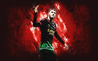 Santiago Gimenez, AC Milan, Mexican football player, red stone background, AC Milan green uniform, grunge art, Serie A Italy, football, Santiago Gimenez Milan