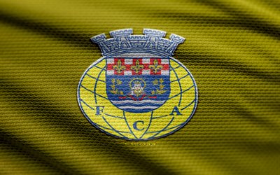 Arouca FC fabric logo, 4k, yellow fabric background, Primeira Liga, bokeh, soccer, Arouca FC logo, football, Liga Portugal, Arouca FC emblem, Arouca FC, Portuguese football club, FC Arouca