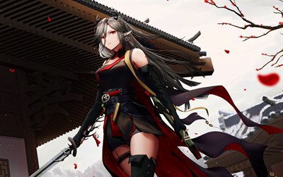 Qiubai, 4k, red eyes, manga, Arknights, anime characters, sword, Arknights characters, Qiubai Arknights