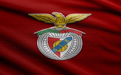 Benfica fabric logo, 4k, red fabric background, Primeira Liga, bokeh, soccer, Benfica logo, football, Liga Portugal, Benfica emblem, Benfica FC, Portuguese football club, SL Benfica