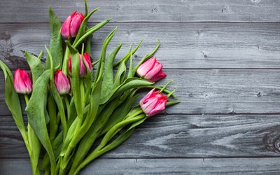 4k, tulipanes rosados, fondo de madera, corazón de flores, flores de primavera, hermosas flores, marcos florales, tulipanes, bouquet de novias, primavera, antecedentes con tulipanes