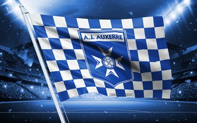 4k, aj auxerre logo, club de football français, drapeau du stade, aj auxerre fans flag, drapeau blanc bleu, aj auxerre emblem, ligue 1, france, football, aj auxerre