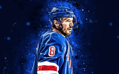 jt miller, 4k, mavi neon işıklar, new york rangers, nhl, amerikan hokey oyuncuları, jt miller 4k, hokey, ulusal hokey ligi, jt miller new york rangers
