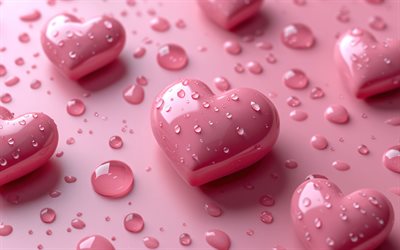 rosa herz, pink love hintergrund, 3d  rosa herz, hintergrund mit herz, 3d  wassertropfen, 3d  herzhintergrund, 3d  herz