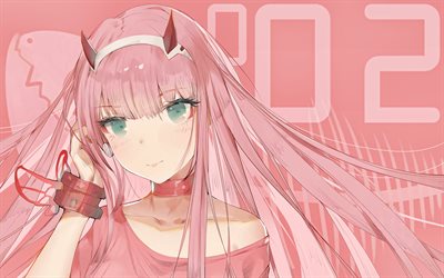 Zero Two, 4k, abstract art, Darling in the Franxx, Code 002, Darling in the Franxx characters, pink abstract background, protagonist, Zero Two Darling in the Franxx