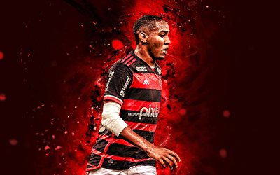 Wallace Yan, 4k, red neon lights, Flamengo, Brazilian Serie A, brazilian footballers, Wallace Yan 4K, football, soccer, Flamengo RJ, Wallace Yan de Souza Barreto, Flamengo FC, Wallace Yan Flamengo