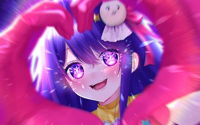 4k, Ai Hoshino, heart from hands, Oshi no Ko, manga, purple eyes, Oshi no Ko manga series, artwork, Hoshino Ai, protagonist, Ai Hoshino Oshi no Ko