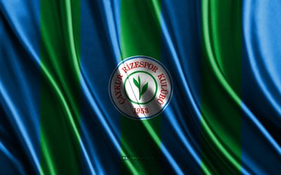 4k, Caykur Rizespor logo, Super Lig, blue green silk texture, Caykur Rizespor flag, Turkish football team, football, Rizespor, silk flag, Caykur Rizespor emblem, Turkey, Caykur Rizespor badge, Caykur Rizespor