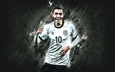 Jamal Musiala, Germany national football team, white stone background, grunge art, German football player, Germany, football, Jamal Musiala Germany