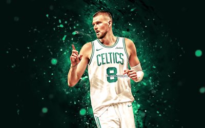 4k, Kristaps Porzingis, green abstract background, Boston Celtics, NBA, Latvian basketball players, Kristaps Porzingis 4K, basketball, green neon lights, National Basketball Association, Kristaps Porzingis Boston Celtics