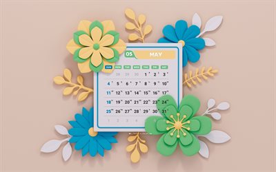 4k, 2025 mai kalender, beige hintergrund, frühlingskalender, abstrakte 3d  blüten, mai 2025, mai 2025 kalender, blumenrahmen, mai, 2025 konzepte, mai kalender, 2025 kalender
