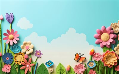 3d  landschaften, 4k, wolken, 3d  blumen, 3d  naturhintergrund, kreativ, hintergrund mit blumen, bunte blumen, abstrakte naturhintergrund