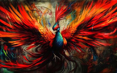 カラフルな鳥, 4k, ストリートアート, 壁画, firebird, 落書き, 抽象的な鳥, クリエイティブ, 壁に鳥, グラフィティの背景, 鳥の落書き