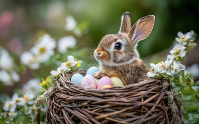 bunny with easter eggs, little bunny, happy easter, cute animals, easter eggs, bunny in nest, Easter