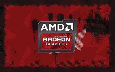 AMD Radeon Graphics grunge logo, 4k, computer brands, red grunge background, AMD Radeon Graphics logo, artwork, brands logo, AMD Radeon Graphics, brands