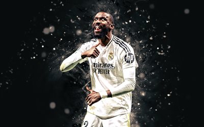 4k, Antonio Rudiger, black abstract background, Real Madrid FC, La Liga, german footballers, Antonio Rudiger 4K, white neon lights, Real Madrid, football, soccer, Real Madrid CF, LaLiga, Antonio Rudiger Real Madrid