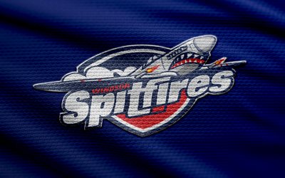 Windsor Spitfires fabric logo, 4k, blue fabric background, OHL, bokeh, hockey, Windsor Spitfires logo, Windsor Spitfires emblem, american hockey club, Windsor Spitfires