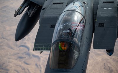 4k, McDonnell Douglas F-15E Strike Eagle, cockpit, US Air Force, fighter-bombers, F-15, American flag, combat aircraft, US army, aircraft, military aviation, US flag, F-15E Strike Eagle, McDonnell Douglas