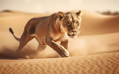 löwin, 4k, wüste, sanddünen, tierwelt, wilde tiere, panthera leo, afrikanischer löwe, wilde katzen