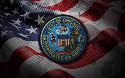sigillo di chicago, 4k, sigilli delle città statunitensi, us bandiera, distintivo di chicago, usa, bandiera americana, emblema di chicago, chicago illinois, seal delle città statunitensi, chicago
