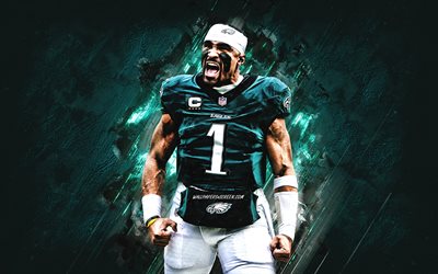 Jalen Hurts, Philadelphia Eagles, turquoise stone background, NFL, grunge art, american football, USA, National Football League, Jalen Hurts Philadelphia Eagles