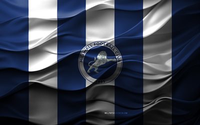 4k, millwall fc logosu, mavi beyaz 3d arka plan, şampiyonluk, millwall fc amblemi, ingiliz futbol takımı, millwall fc bayrağı, 3d doku, ingiltere, millwall fc, futbol, değirmen duvar