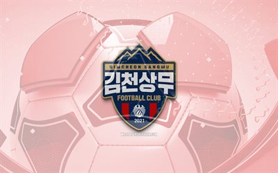 gimcheon sangmu光沢のあるロゴ, 4k, 赤いサッカーの背景, kリーグ1, サッカー, ジムチョン・サングム, 韓国フットボールクラブ, gimcheon sangmu emblem, gimcheon sangmuロゴ, gimcheon sangmu fc