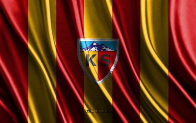 4k, Kayserispor logo, Super Lig, red yellow silk texture, Kayserispor flag, Turkish football team, football, silk flag, Kayserispor emblem, Turkey, Kayserispor badge, Kayserispor