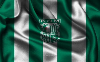 4k, es mostaganem  logo, grüner weißer seidenstoff, algerische fußballmannschaft, es mostaganem emblem, liga 1, es meisteaganem, algerien, fußball, mostaganem fc