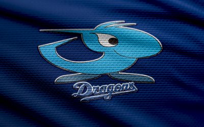 Chunichi Dragons fabric logo, 4k, blue fabric background, NPB, bokeh, baseball, Chunichi Dragons logo, Chunichi Dragons emblem, japanese baseball team, Chunichi Dragons