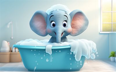 dessin animé bébé éléphant, 4k, salle de bain, animaux mignons, relaxation, bébé éléphant, petit éléphant, éléphant bébé mignon, éléphants, bébé éléphant sur la salle de bain, éléphants de dessins animés