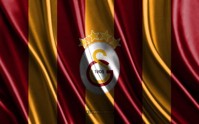4k, galatasaray logosu, süper lig, bordo sarı ipek dokusu, galatasaray bayrağı, türk futbol takımı, futbol, galatasaray sk, ipek bayrağı, galatasaray amblemi, türkiye, galatasaray rozeti, galatasaray