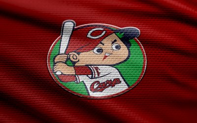 Hiroshima Carp fabric logo, 4k, red fabric background, NPB, bokeh, baseball, Hiroshima Carp logo, Hiroshima Carp emblem, japanese baseball team, Hiroshima Carp