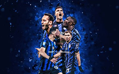 inter, 4k, serie a, club di calcio italiano, luci al neon blu, giocatori di calcio dell'inter, nicol barella, mehdi taremi, marcus thuram, hakan calhanoglu, lautaro martinez, calcio, internazionale, inter milano fc