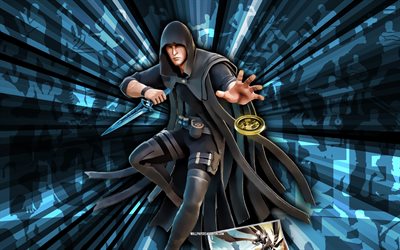 4k, kelsier, fondo de rayos azules, piel kelsier, kelsier fortnite, arte abstracto, piel kelsier fortnite, personajes fortnite, fortnite, arte creativo