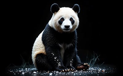 panda, 4k, weiße steine, wilde tiere, pandas, kreative kunst, schwarzer hintergrund, panda im dunkeln, riesenpandas, süße tiere