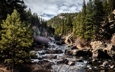 primavera, río de montaña, piedras, arroyo de montaña, bosque, mañana, río, paisaje de montaña, rocas, paisaje de primavera, alpes
