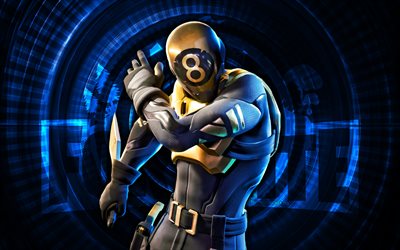 fortnite bola 8 dorada, 4k, fondo espiral azul, fortnite, creativo, piel dorada de 8 bolas, piel fortnite gold de 8 bolas, bola 8 de oro, personajes fortnite